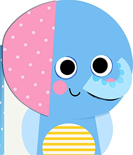 Blue and pink illustrated elephant head with large eyes and a smile.