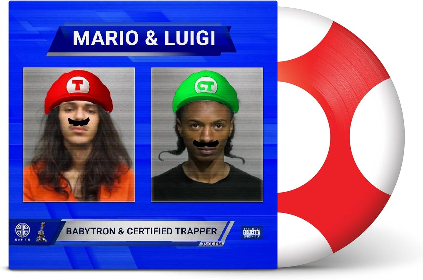 Vinyl record cover featuring two men in Mario and Luigi hats with fake mustaches.