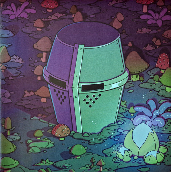Illustration of a green and purple robotic figure in a mushroom landscape.