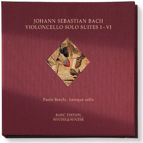 Red CD case for Bach’s Cello Suites, with abstract artwork.