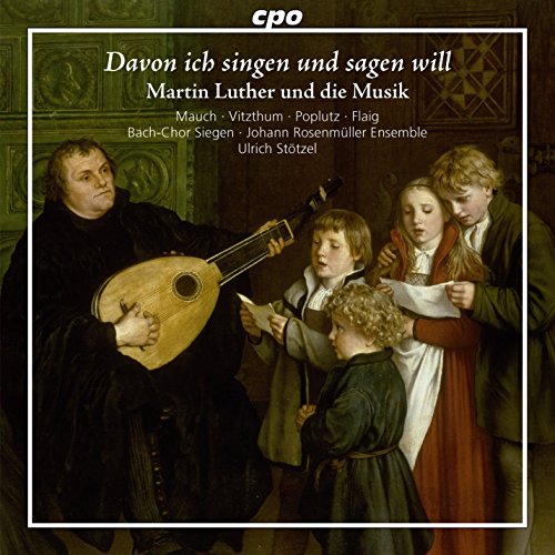 CD cover depicting Martin Luther playing a lute with children singing.