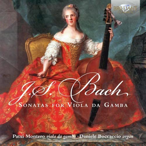 CD cover: woman with viola da gamba, text “J.S. Bach” visible.
