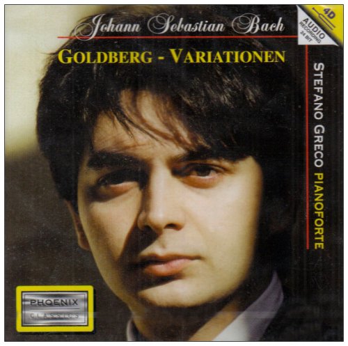 CD cover featuring a portrait of pianist Stefano Greco and text “Goldberg-Variationen”.