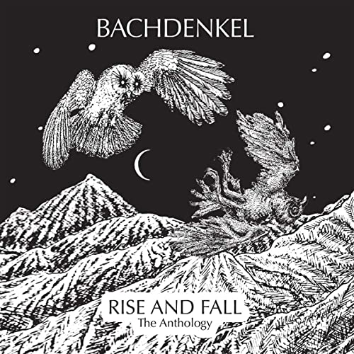 Black and white album cover with owls, mountains, and a crescent moon.