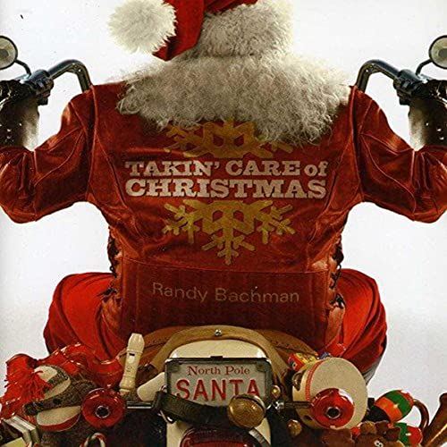 Back view of Santa Claus onS on a motorcycle wearing a themed red jacket.