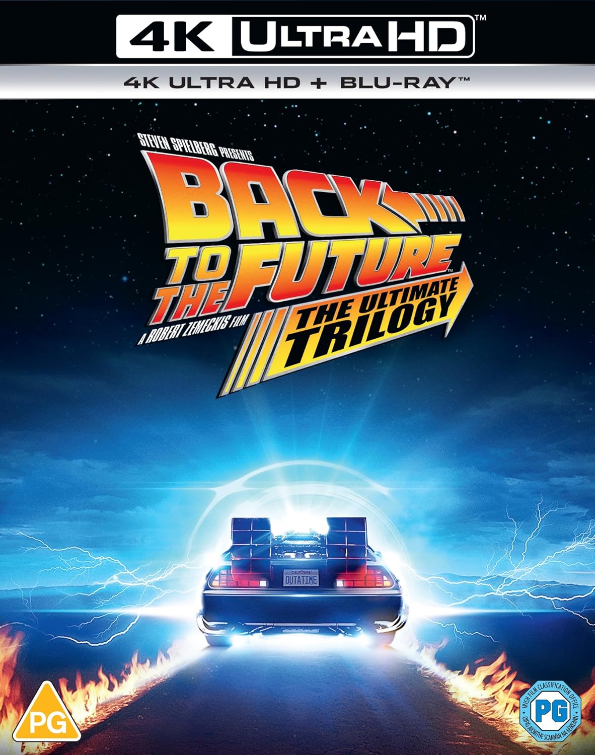 Back to the Future trilogy 4K UHD Blu-ray cover with DeLorean car.