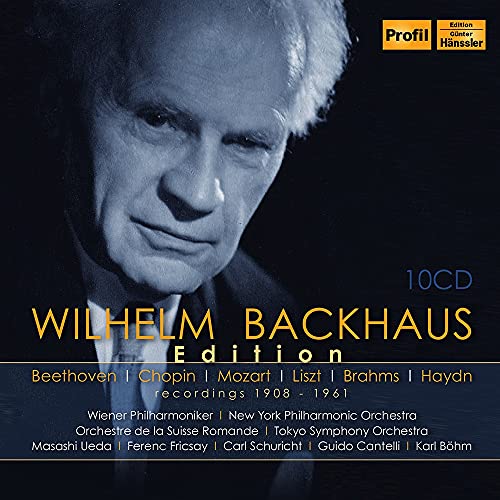 CD cover featuring a portrait of pianist Wilhelm Backhaus in blue tones.