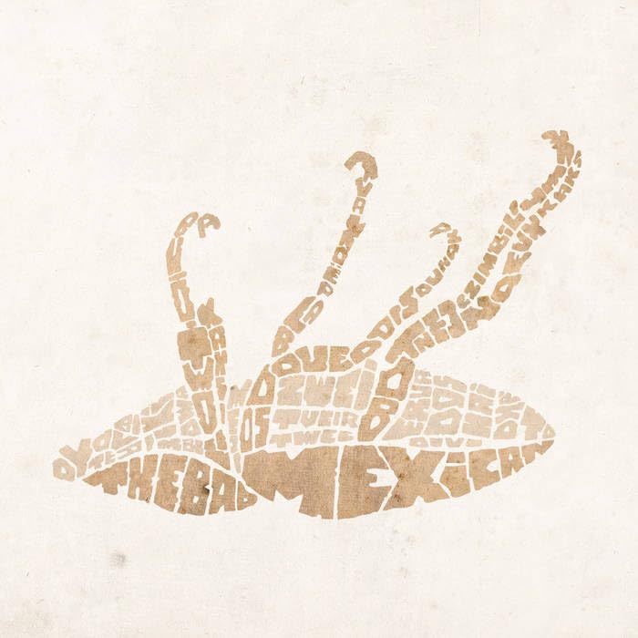 CD cover with a textured, brown, octopus-shaped design made of text.