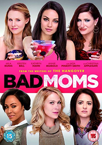 "DVD cover for 'Bad Moms' featuring six women, with title on a pink banner."