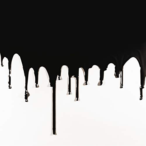 Black liquid drips down a white surface, album cover art.