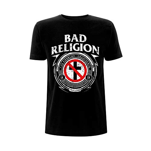 Black t-shirt featuring the Bad Religion cross-buster logo in white and red.