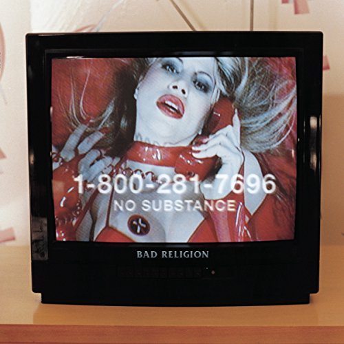 "Black vinyl record sleeve with woman holding red phone, 'No Substance' and 'Bad Religion' text."