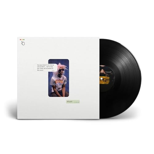 Vinyl record and cover featuring a person with pink hair in a text message.