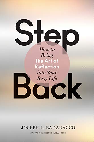 Book cover with large text "Step Back" and a pink circular background.