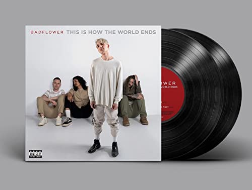 Badflower album cover and vinyl record, four people seated.