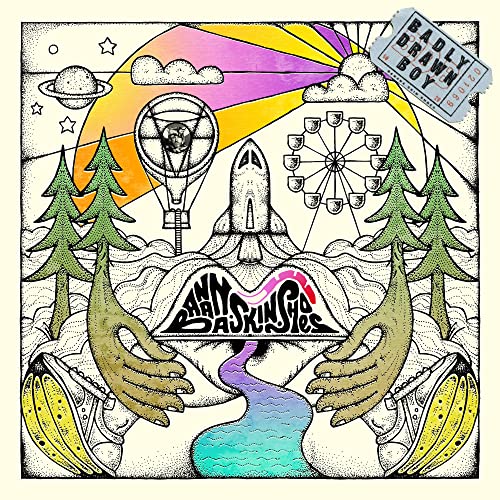 Album cover for Badly Drawn Boy’s “Banana Skin Shoes” with whimsical illustration.