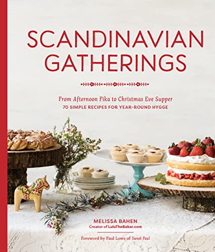 Cookbook cover featuring Scandinavian pastries, berries, and a wooden horse.