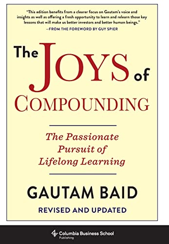 Book cover: "The Joys of Compounding" by Gautam Baid, yellow background.