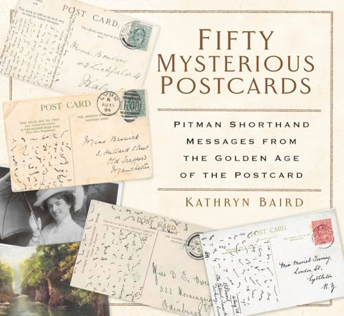 Book cover featuring vintage postcards with handwritten shorthand script.