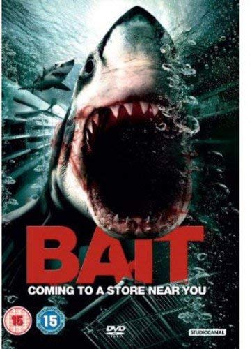 A shark with its mouth open underwater on the Bait DVD cover.