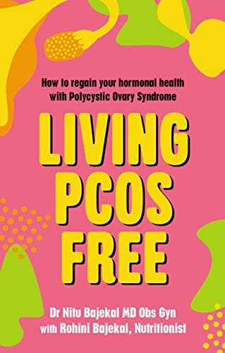 Book cover: "Living PCOS Free" with floral shapes and bold yellow text.