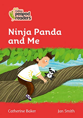Book cover: a boy and a panda climbing a tree, red background.