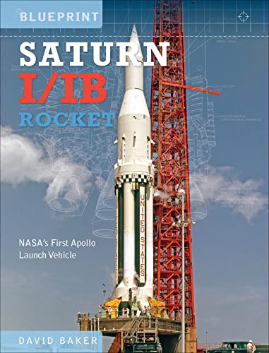A Saturn I/IB rocket stands on a launch pad beside a red gantry tower.