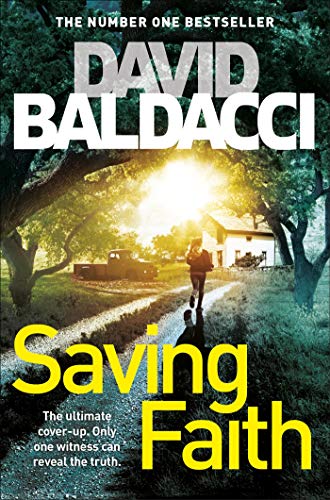 Book cover: “Saving Faith” by David Baldacci, with a rural landscape.