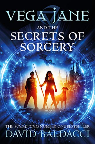 Book cover showing a man, woman with a staff, and dog inside blue light.