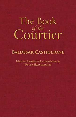 Red book cover with gold text: "The Book of the Courtier" by Castiglione.