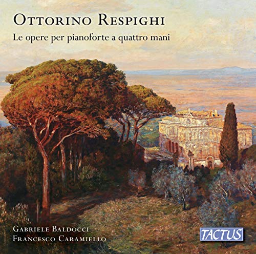 "Album cover with serene landscape painting, featuring trees, villa, and distant mountains."