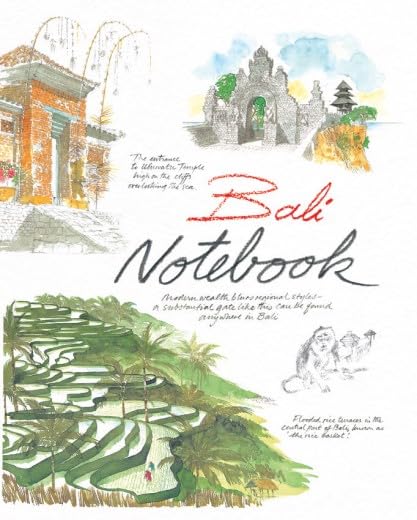 “Bali Notebook” cover with watercolor illustrations of Balinese landscapes and architecture.