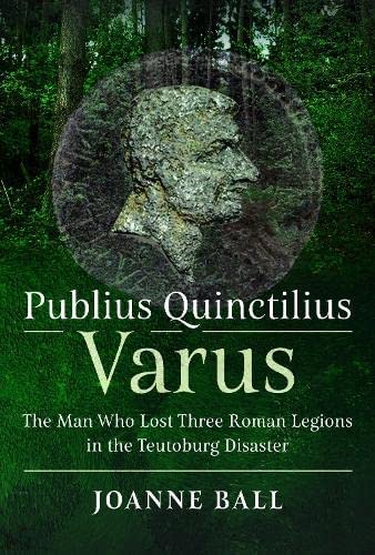 Book cover with historical figure, possibly Varus, on a background of Teutoburg forest landscape.