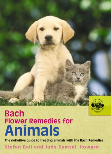 Book cover with a golden retriever and grey kitten, titled “Bach Flower Remedies for Animals.”
