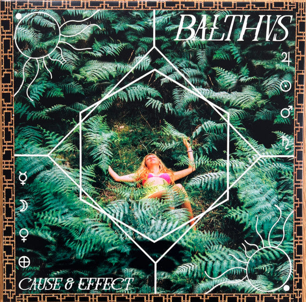 Vinyl record cover: woman in ferns with astrological symbols and geometric shapes.