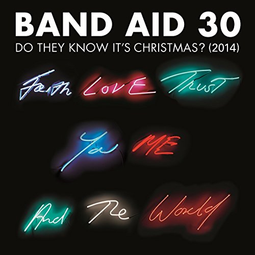 Band Aid 30 CD cover with neon script on a black background.