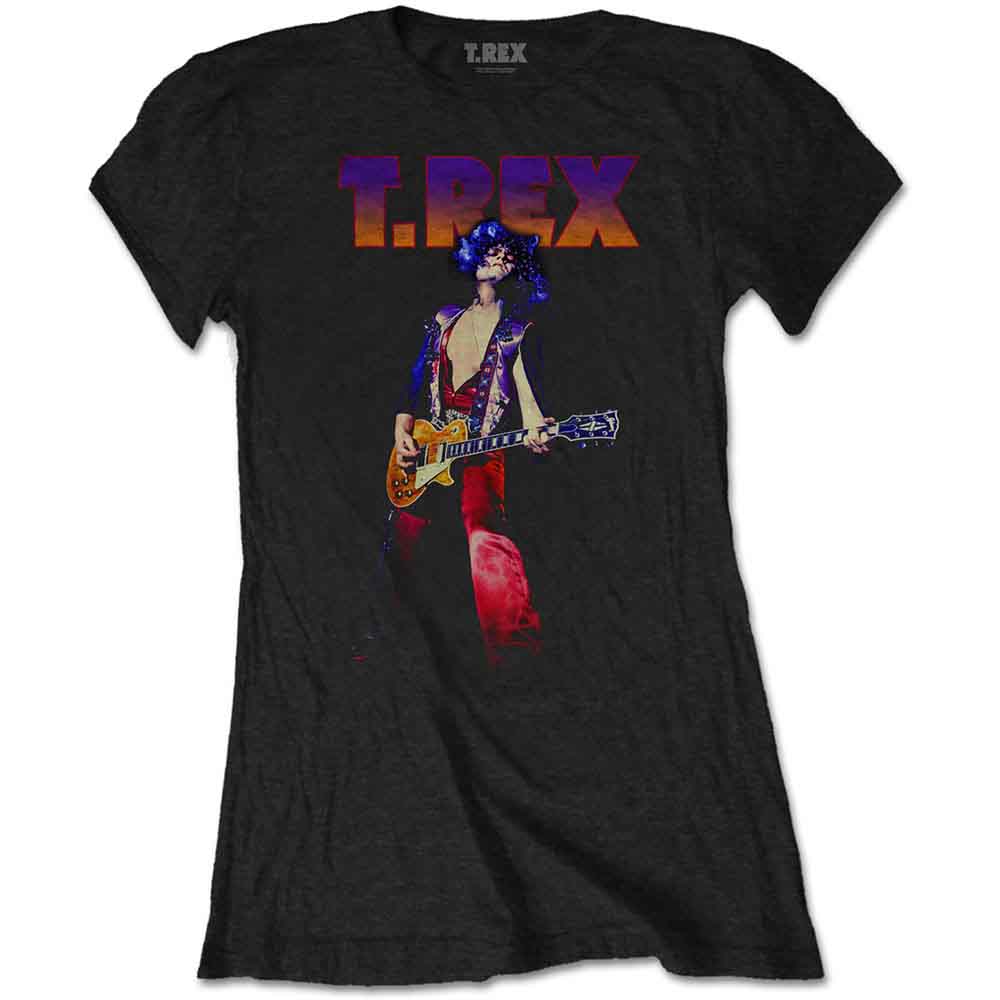 Black ladies' T-shirt with a colorful graphic of a musician playing guitar.