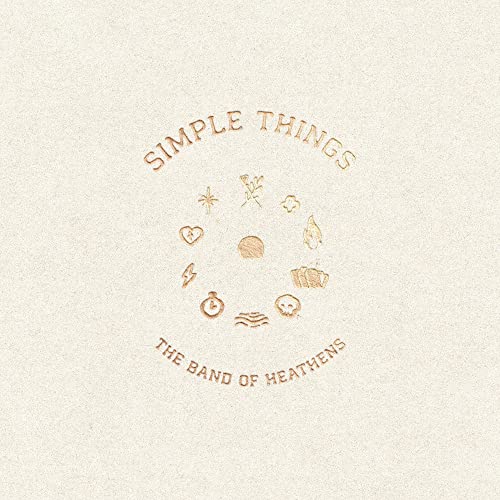 Album cover with gold icons arranged in a circle on a textured cream background.