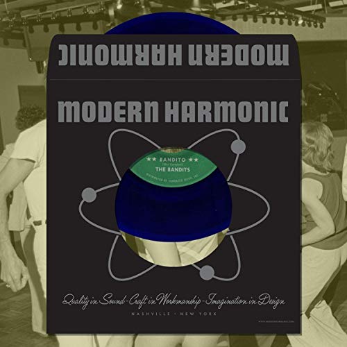 "Purple vinyl record in a black sleeve with 'Modern Harmonic' text and atom design."