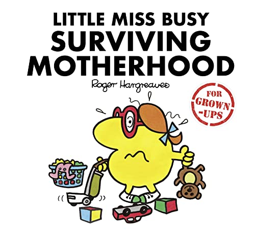 Yellow cartoon character surrounded by baby items, reading a book.