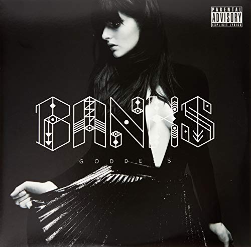 Banks' "Goddess" vinyl cover: woman in black, geometric text, parental advisory.