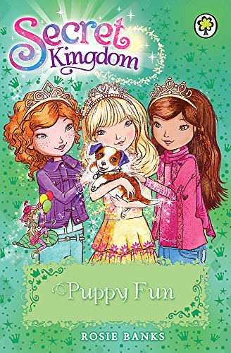 Three princesses with a small puppy, book cover illustration.