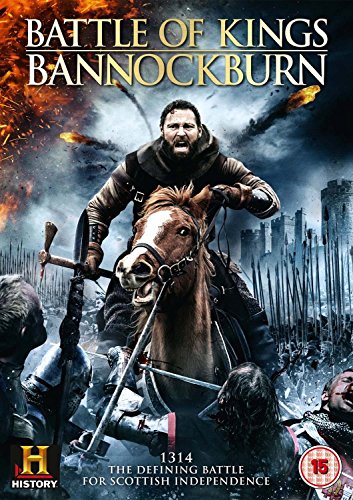 A warrior on horseback leads a chaotic medieval battle scene with fire and castle ruins.