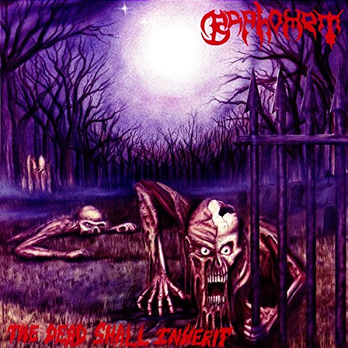 Zombies crawl through a purple-lit cemetery under a bright moon with iron fence foreground.