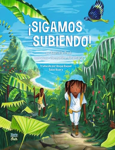 Children hiking through a lush, green landscape with a bird and foliage.