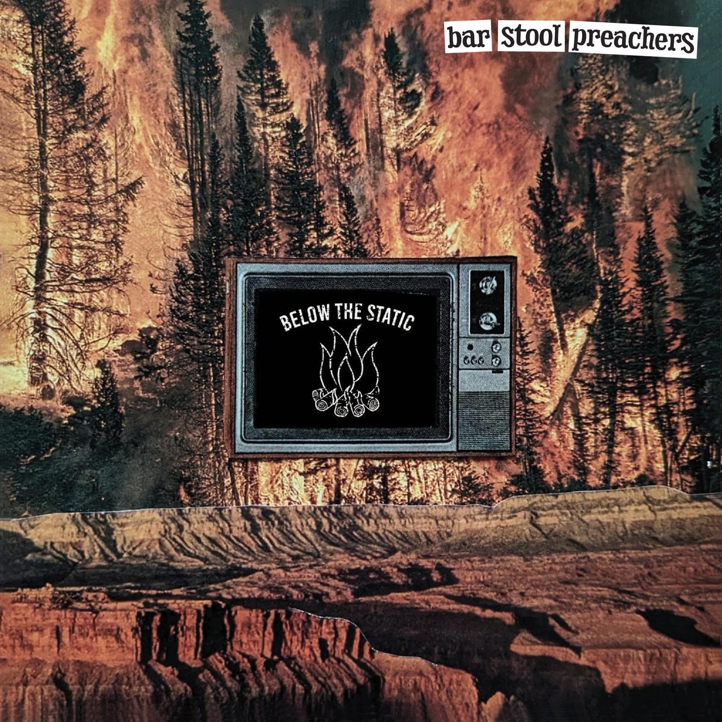CD cover: a vintage TV displaying flames within a burning forest.