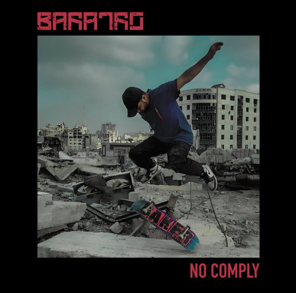 Skateboarder performing a trick amidst rubble and a cityscape.