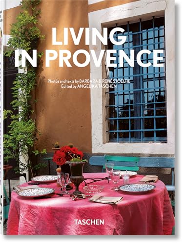 Book cover: "Living in Provence" with a window and outdoor table scene.