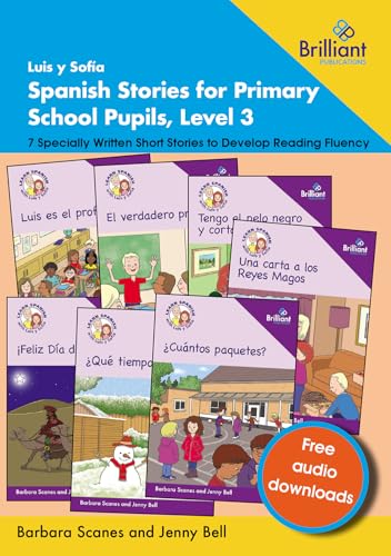 Book cover showing seven illustrated Spanish storybooks for primary school pupils with audio downloads.