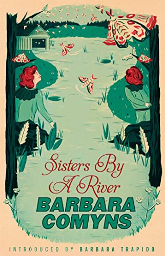 Book cover: two women by a river with moths, illustrated style.